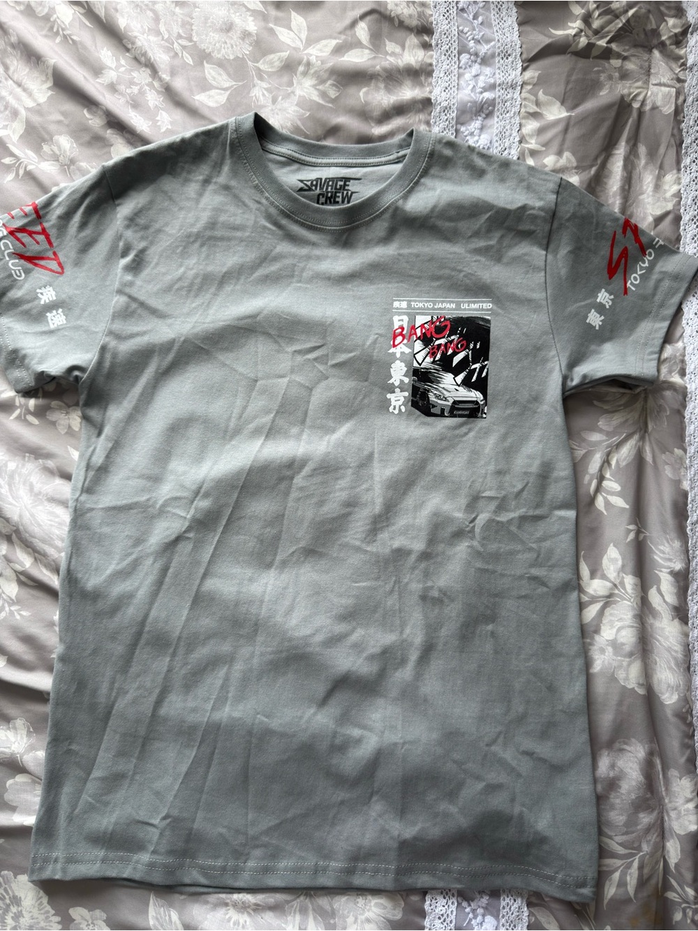 Savage Crew Tokyo Drift Graphic Tee - Sage with Red Accents